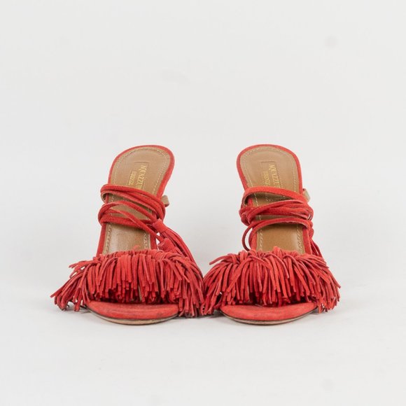 Aquazzura Wild Thing Red Suede Tassel Sandals - Picture 3 of 8